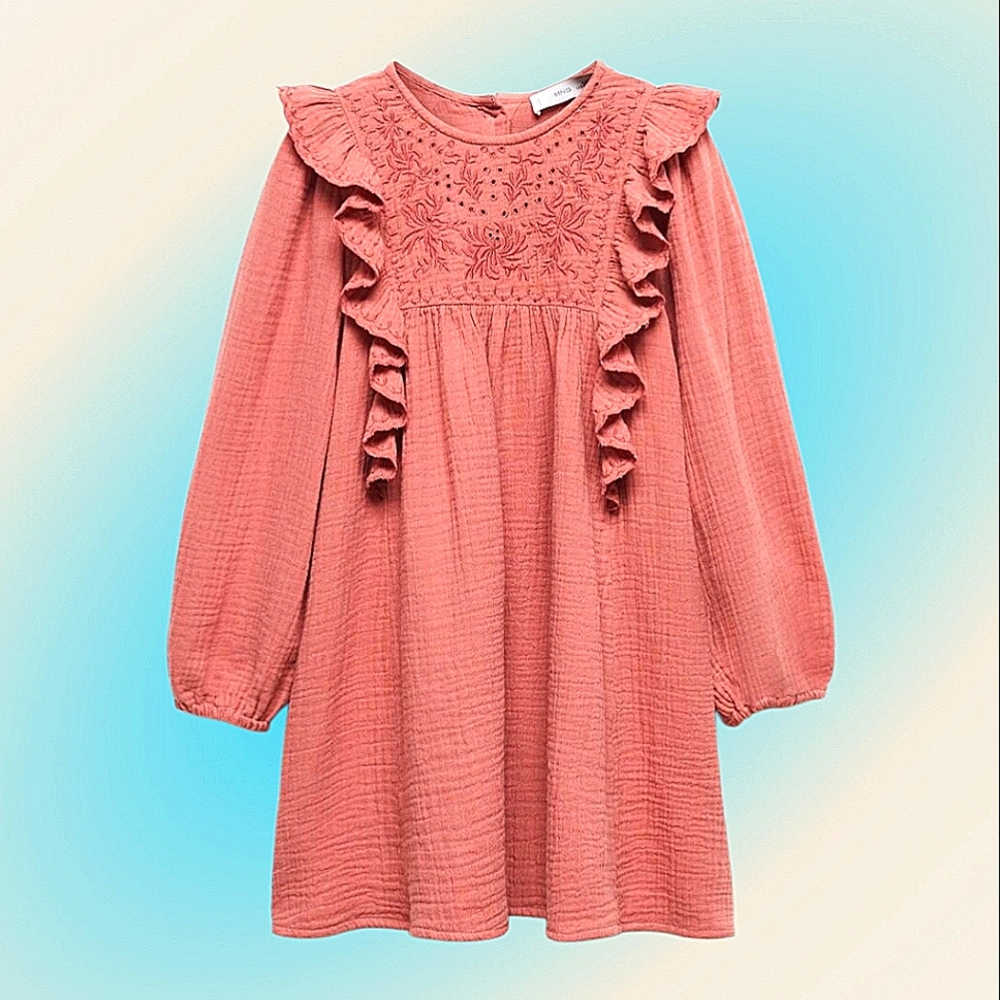 Mango Kids Long Sleeve Pleated Ruffle Dress